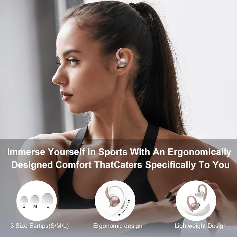 PEFUPEW Wireless Earbuds, Bluetooth 5.4 Headphones Sport, Over Ear Buds With ENC Noise Cancelling Mic, 48H, Wireless Earphone With Earhooks, Stereo Deep Bass, IP7 Waterproof for Workout Running, Rose Gold - Image 5